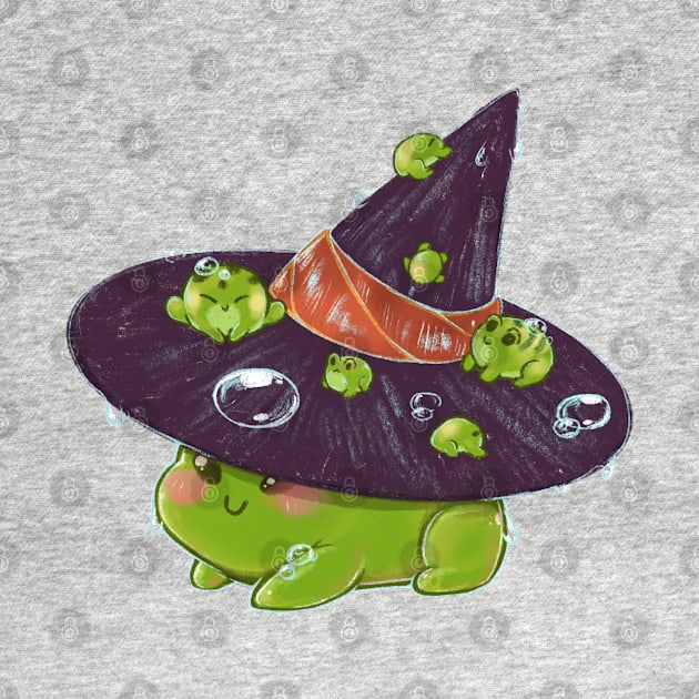 Frog witch with frog friends on a pointy hat by Itsacuteart